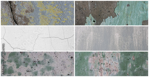 Wall texture set. Rough surfaces of the plastered and colored concrete walls with patterns of cracks and old faded peeling paint. Collection of panoramic backgrounds for design.
