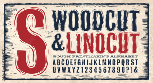A rough edged alphabet that carries the effect of two traditional printmaking techniques: woodcut printing or linoleum cut printing. photo