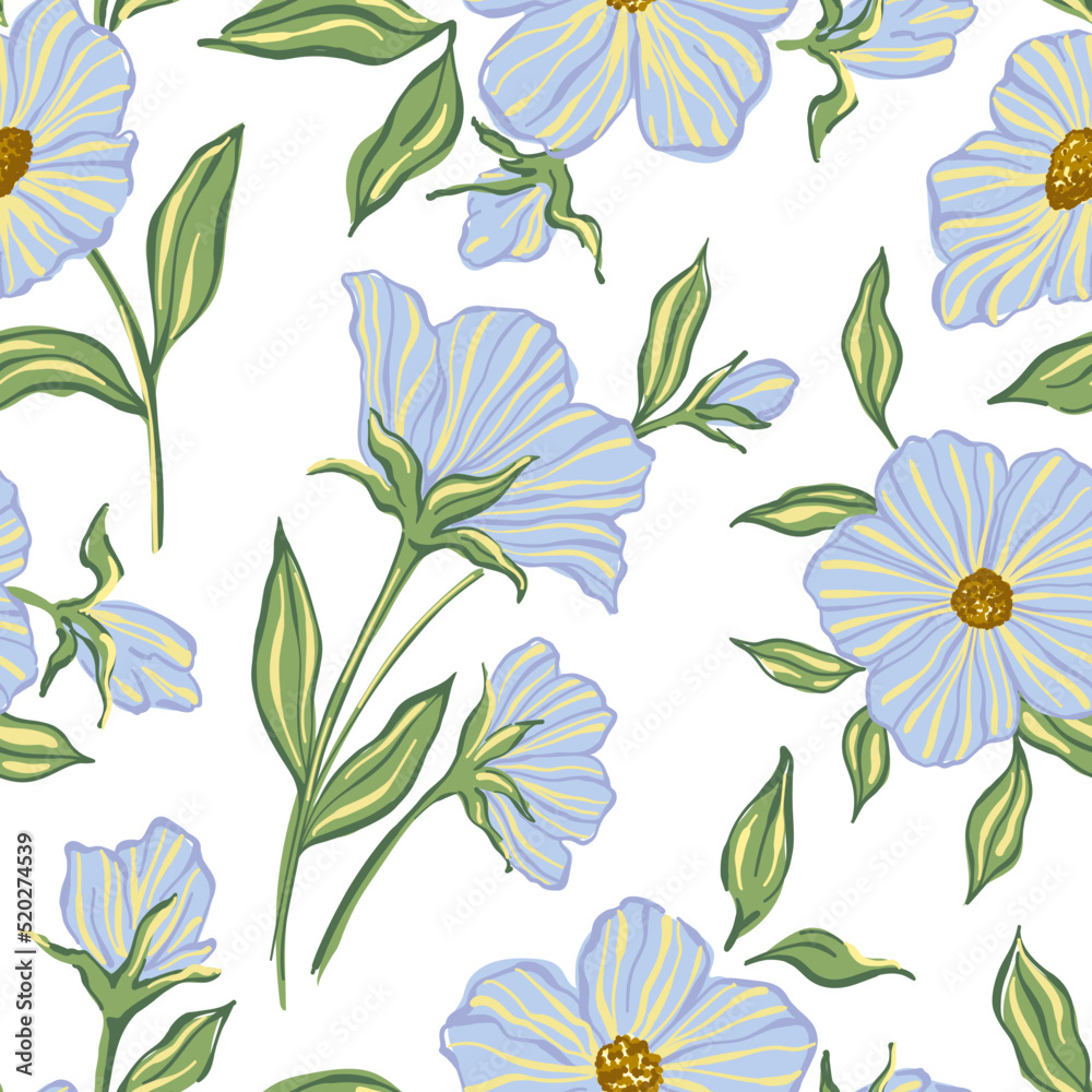 Seamless pattern painting flowers and leaves background vector. Wallpaper design with hand draw retro flowers, bouquets, leaves. Vintage botanical floral pattern, fabric, retro texture Seamless pattern painting flowers and leaves background vector. Wallpaper design with hand draw retro flowers, bouquets, leaves. Vintage botanical floral pattern, fabric, retro texture