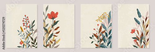 Creative minimalist Abstract art background with leaves branch and Hand Drawn doodle Scribble floral plants. Abstract leaf. Design for wall decoration, postcard, poster or brochure