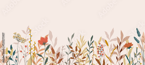 Seamless horizontal border, abstract art with summer meadow plants, wild flowers, leaves branch and Hand Drawn doodle Scribble floral plants. Design for wall decoration, postcard, poster or brochure