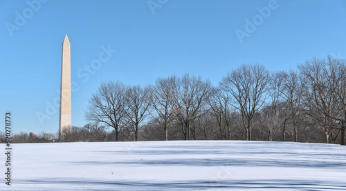 View of the Washington monument under snow during sunny day