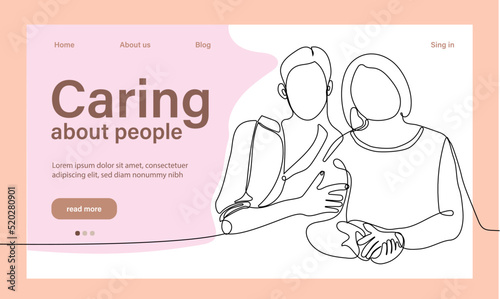 Charity and help from community of tiny volunteers. People giving care. Voluntary, sponsorship, altruism concept for banner, website design or landing web page. Vector illustration