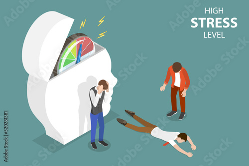 3D Isometric Flat Vector Conceptual Illustration of High Stress Level, Depression and Overwork