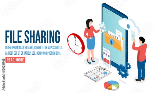 3D isometric File sharing and Transfer concept for transferred Encrypted Form, business and social media marketing, migration, Remote Connection between two mobile phones.  Vector illustration eps10