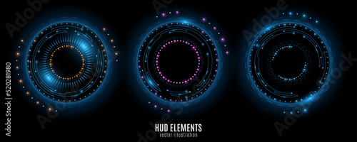 Set of glowing HUD rounds for your technology design. Futuristic circles with lights. Virtual graphic. Dashboard display. Sci-fi elements. Hi-tech background. Vector illustration