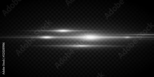 Realistic white light effect isolated on dark transparent background. Horizontal bright flash with beams. Explosion with abstract lights. Vector illustration