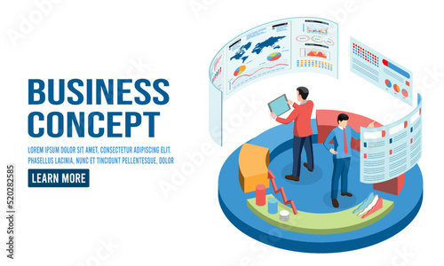Modern 3d isometric design concept of Data Analysis with business people team working with Data Visualization for website and mobile website. Vector Illustration eps10