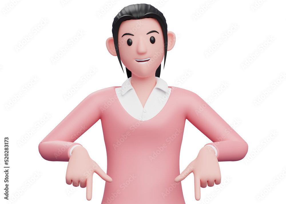 3d business woman pointing down wear pink sweater, 3d illustration of a business woman in pink sweater pointing 3d business woman pointing down wear pink sweater, 3d illustration of a business woman in pink sweater pointing