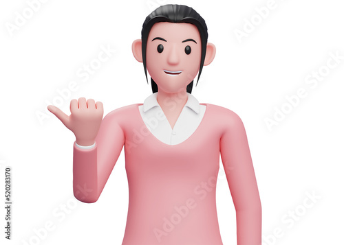 Sweet girl in sweatshirt pointing with thumb aside looking at the camera, 3d illustration of a business woman in pink sweater pointing