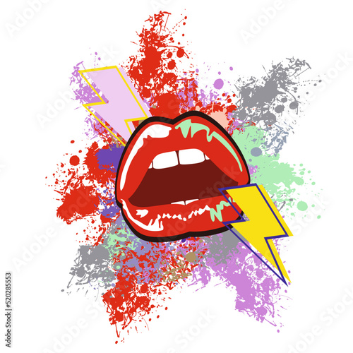 Design for a t-shirt with lips and a lightning symbol. Vector illustration with glam rock style	
