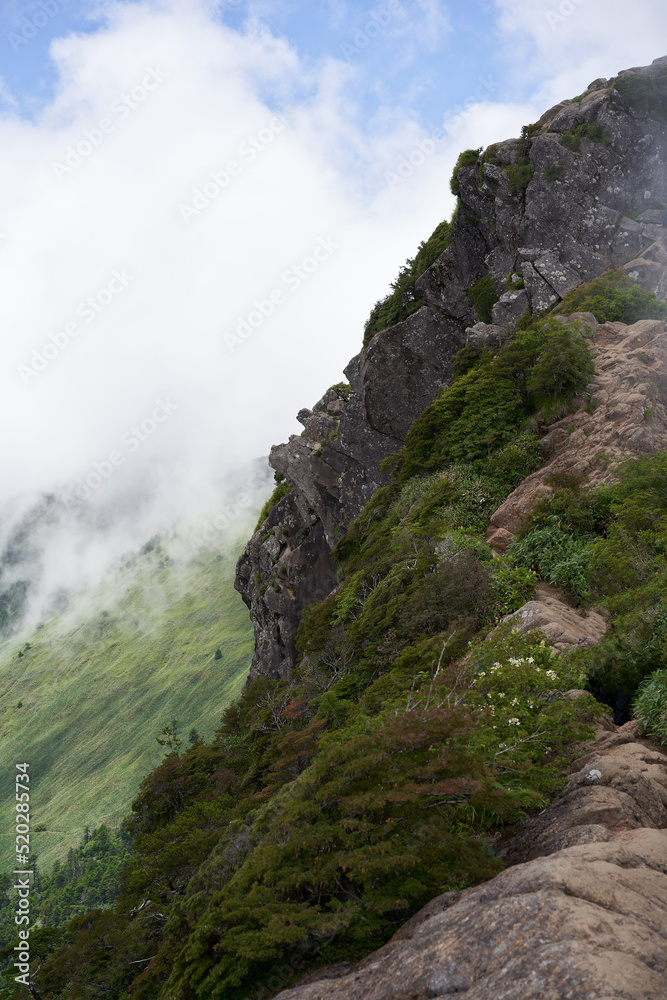 霧の中に悠然とそびえ立つ西日本最高峰の石鎚山。夏山の美しい風景。