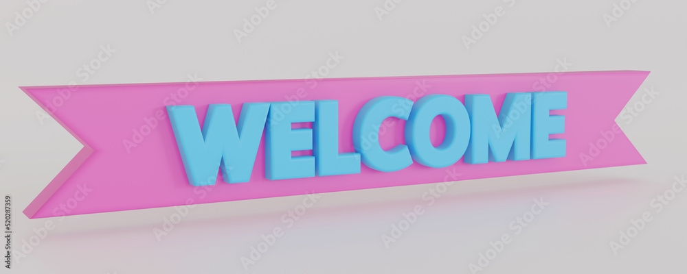 Welcome 3d text and ribbon. Creative pink ribbon on white background with clipping path. Welcome banner 3D rendering
