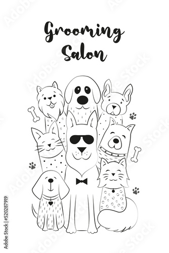Cute dogs and cats in doodles style. Black and white vector image for a veterinary clinic, business card, site, grooming salon.