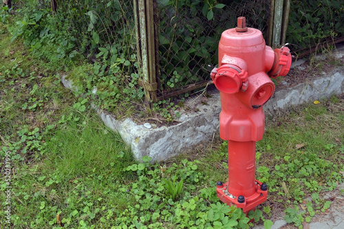 Bright red fire hydrant on the background of green grass