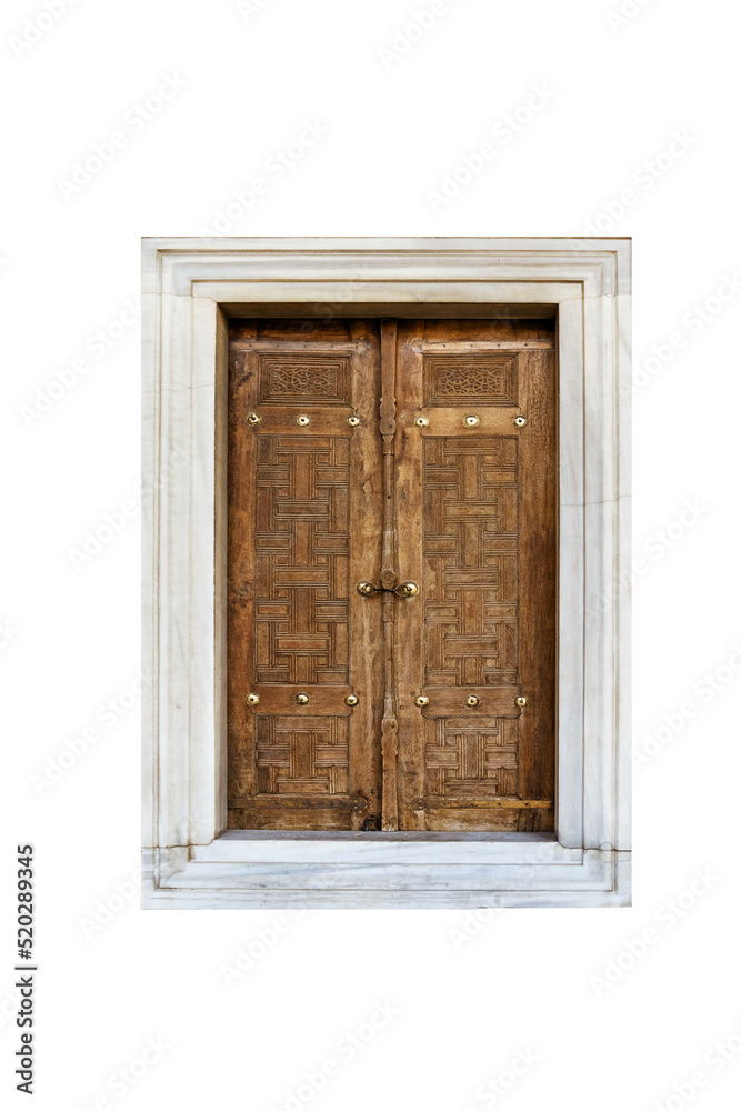 Antique wooden door isolated on white.