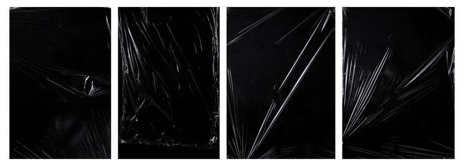 collection of plastic wrap texture for background and photo overlay effect.  set of wrinkled plastic poster in stretched style. transparent plastic wrap on black for mockups template.
