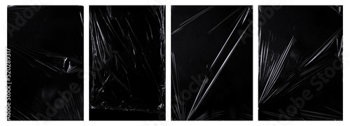 collection of plastic wrap texture for background and photo overlay effect.  set of wrinkled plastic poster in stretched style. transparent plastic wrap on black for mockups template.