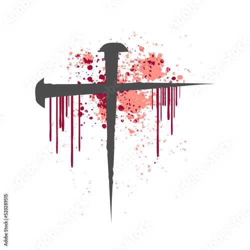 Christian cross made with nails and blood. Good Friday, Easter day. Christian backdrop. Biblical faith, gospel, salvation concept. Jesus Christ Crucifixion.