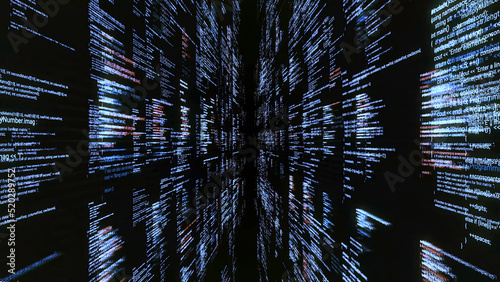 Source codes in cyberspace on black background. Animation. Dive into cyberspace with walls of source code. Access to matrix through software with codes