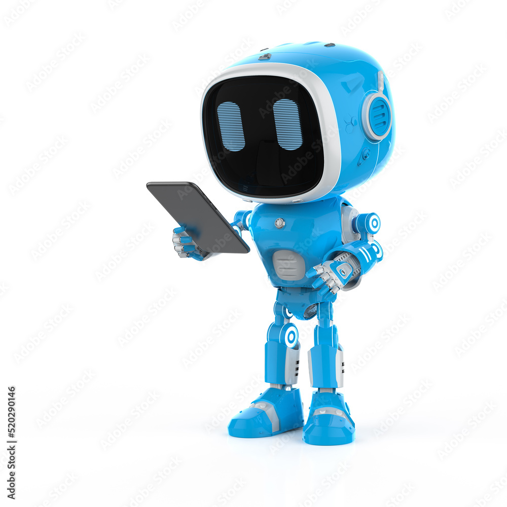 Fototapeta premium Blue robotic assistant or artificial intelligence robot with tablet