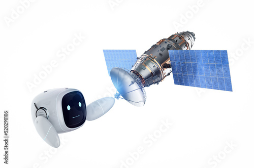 Telecommunication technology concept with small robot work with satellite dish