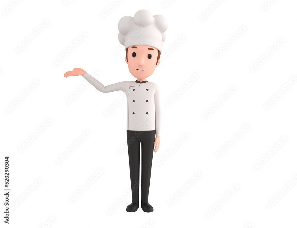 Chef character raise his hand and pointing to the side in 3d rendering. Chef character raise his hand and pointing to the side in 3d rendering.