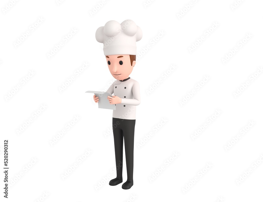 Chef character reading paper in 3d rendering. Chef character reading paper in 3d rendering.