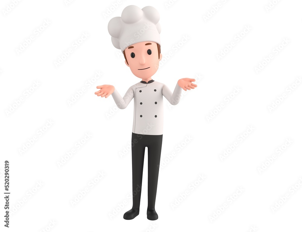 Chef character spreading his two hands and looking to camera in 3d rendering. Chef character spreading his two hands and looking to camera in 3d rendering.