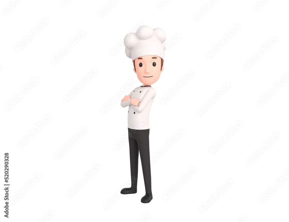 Chef character cross arms and looking to camera in 3d rendering. Chef character cross arms and looking to camera in 3d rendering.