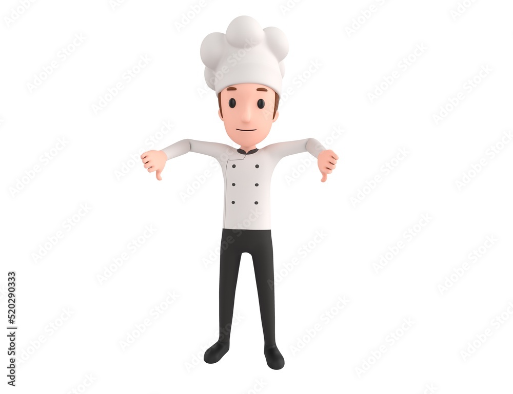 Chef character showing thumb down with two hands in 3d rendering. Chef character showing thumb down with two hands in 3d rendering.