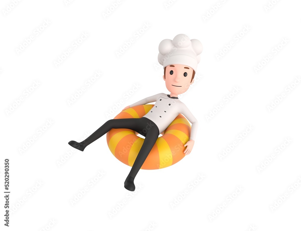 Chef character sitting on the inflatable ring in 3d rendering. Chef character sitting on the inflatable ring in 3d rendering.