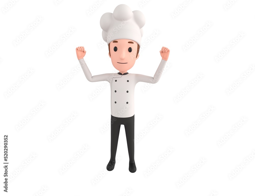 Chef character raising two fists in 3d rendering. Chef character raising two fists in 3d rendering.
