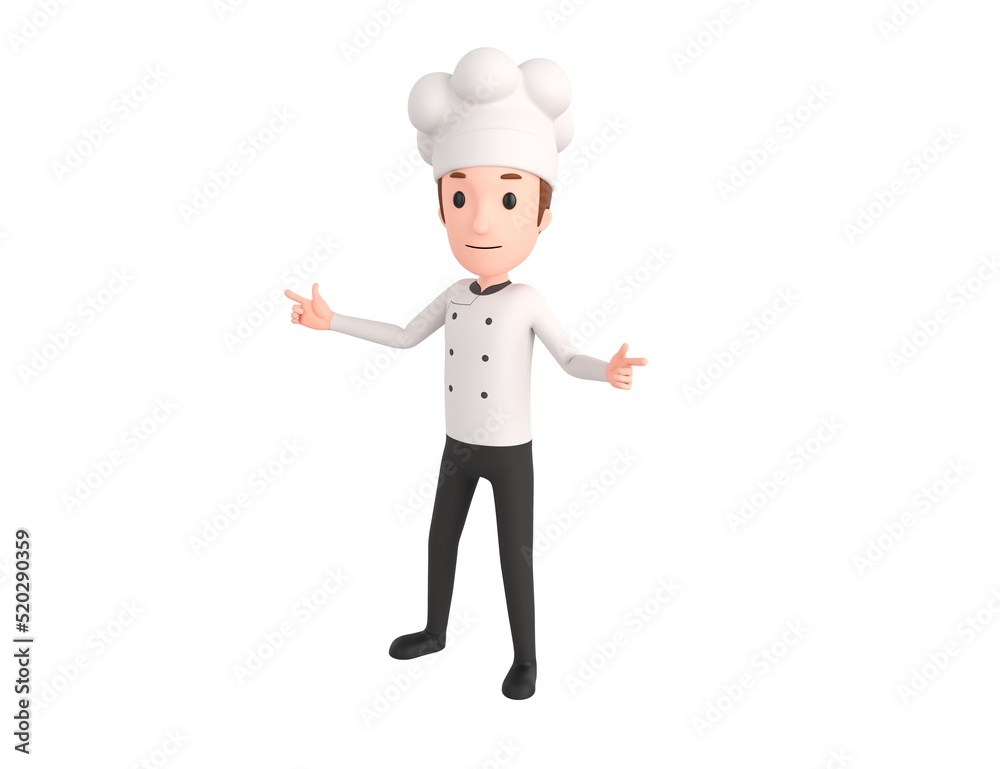 Chef character pointing index finger both two side in 3d rendering. Chef character pointing index finger both two side in 3d rendering.