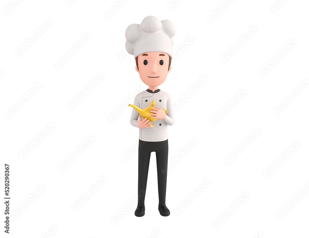 Chef character rubbing a magic lamp in 3d rendering. Chef character rubbing a magic lamp in 3d rendering.