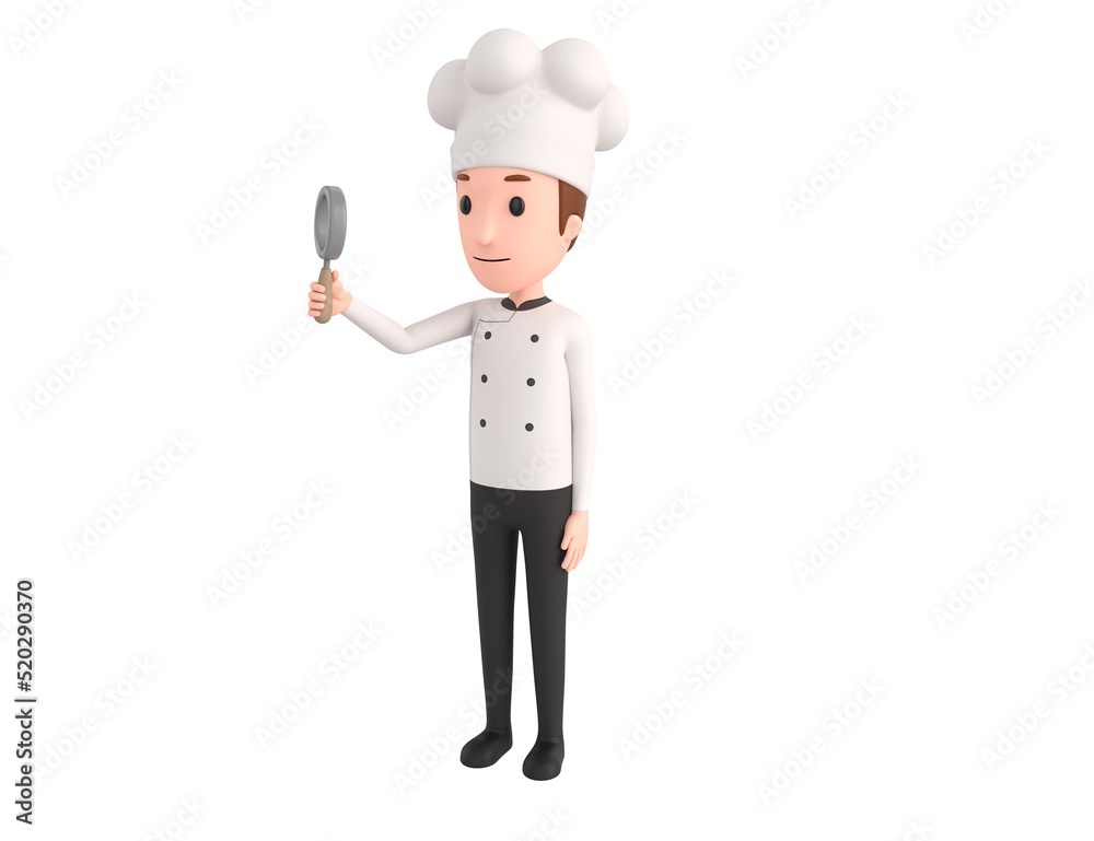 Chef character holding magnifying glass in 3d rendering. Chef character holding magnifying glass in 3d rendering.