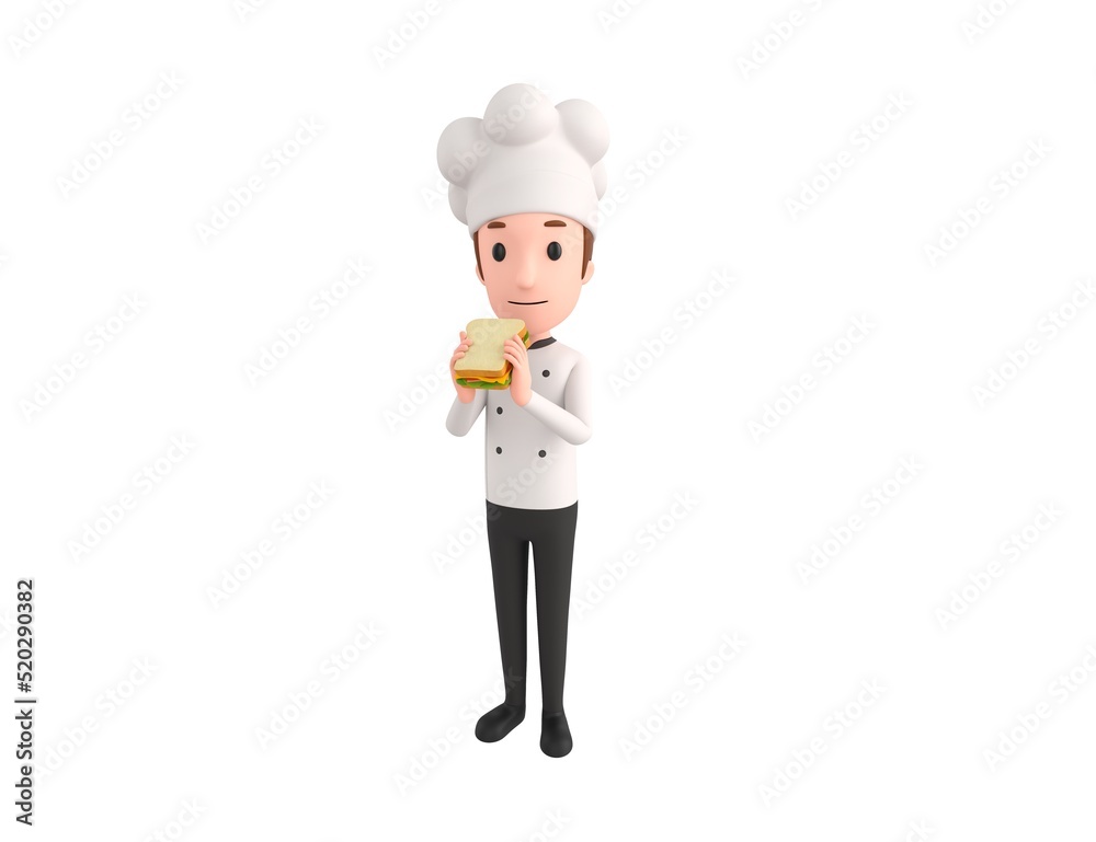 Chef character eating sandwich in 3d rendering. Chef character eating sandwich in 3d rendering.