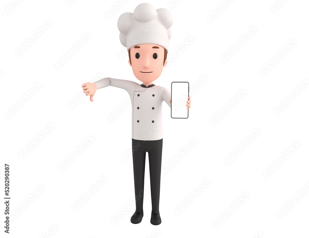 Chef character show his phone and give thumb down in 3d rendering. Chef character show his phone and give thumb down in 3d rendering.