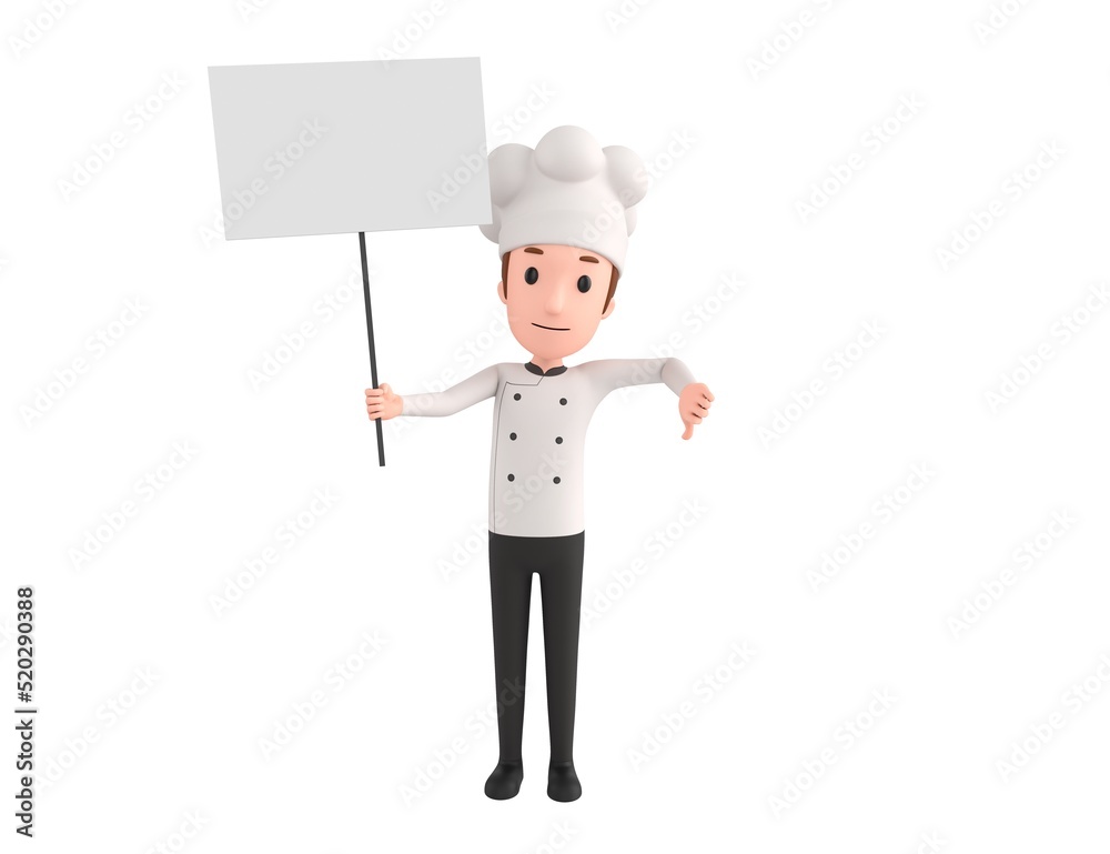 Chef character holding a blank billboard and give thumb down in 3d rendering. Chef character holding a blank billboard and give thumb down in 3d rendering.