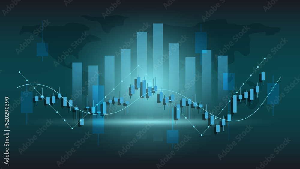 world economy situation concept. Financial business statistics with bar graph and candlestick chart show stock market price index and currency exchange on dark background