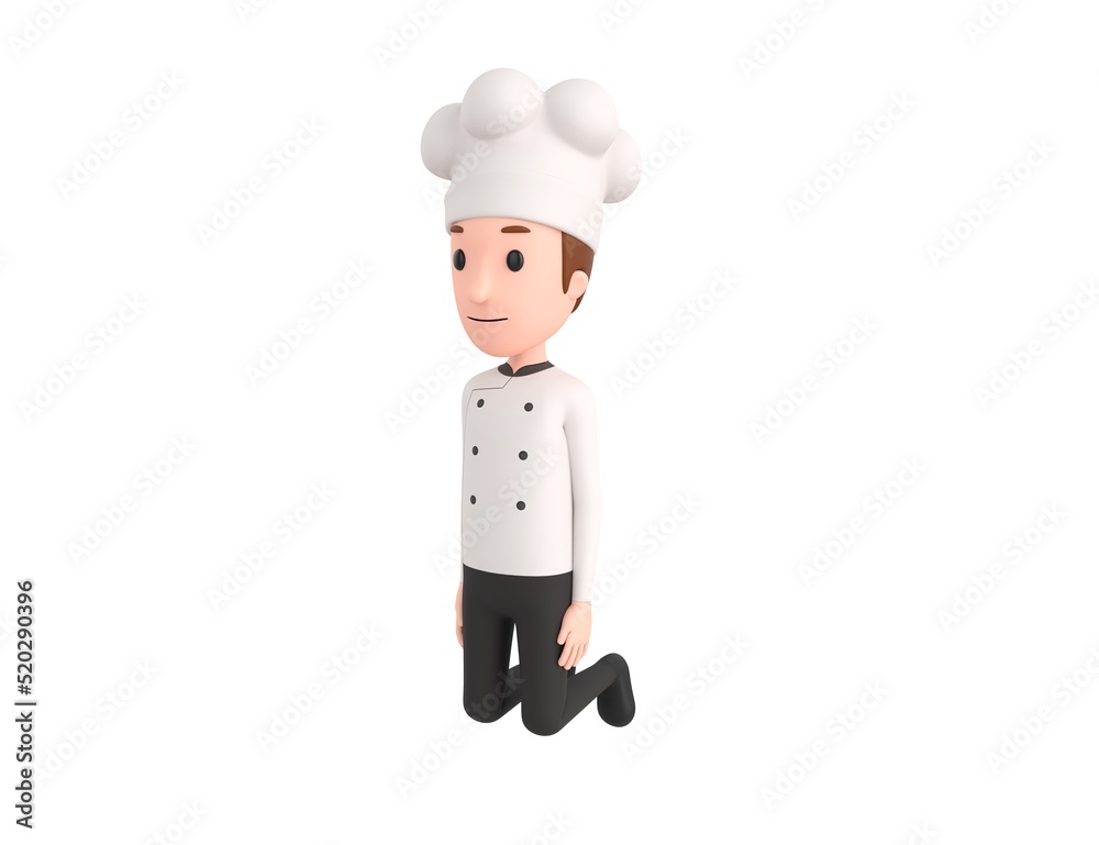 Chef character kneeling in 3d rendering. Chef character kneeling in 3d rendering.