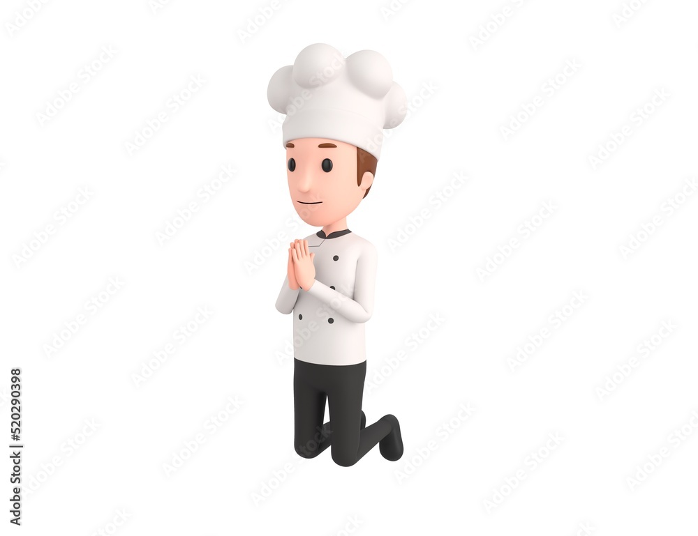 Chef character kneeling and pray in 3d rendering. Chef character kneeling and pray in 3d rendering.