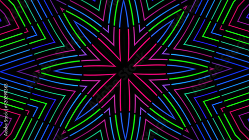 Abstract radial background with animation of moving colorful patterns. Animation. Cartoon kaleidoscope, concept of LSD effect, seamless loop.