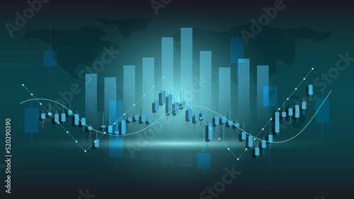 world economy situation concept. Financial business statistics with bar graph and candlestick chart show stock market price index and currency exchange on dark background