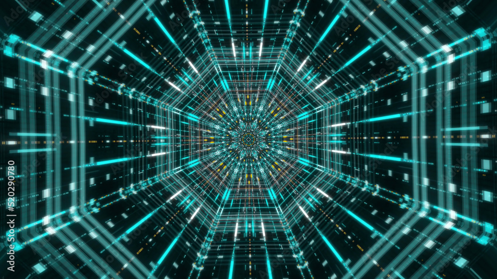 Fototapeta premium Moving forward inside fluorescent neon glowing light lines. Animation. Beautiful futuristic abstraction of sci-fi endless tunnel on the black background.