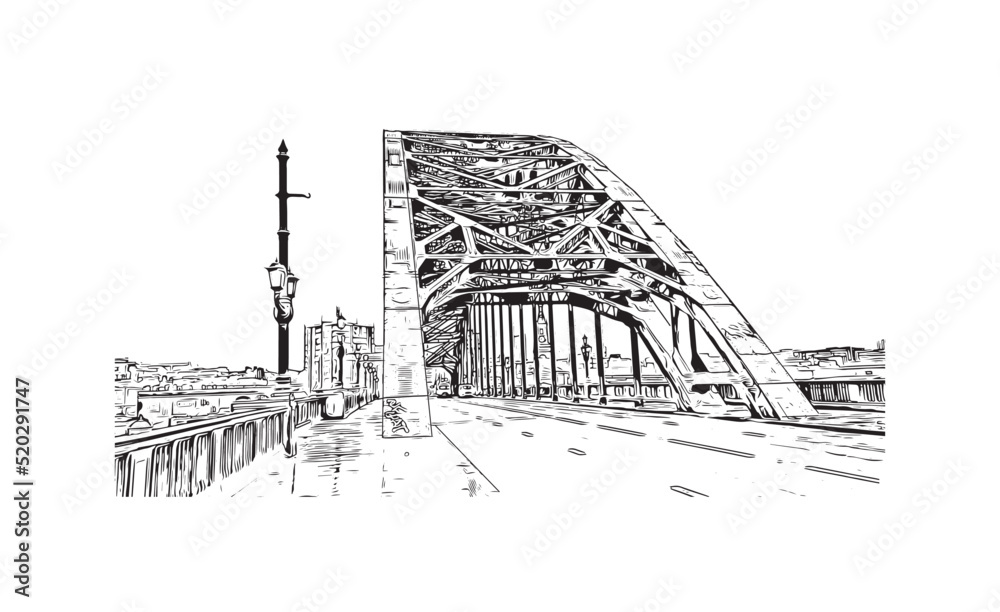 Building view with landmark of Newcastle upon Tyne is the
city in England. Hand drawn sketch illustration in vector.