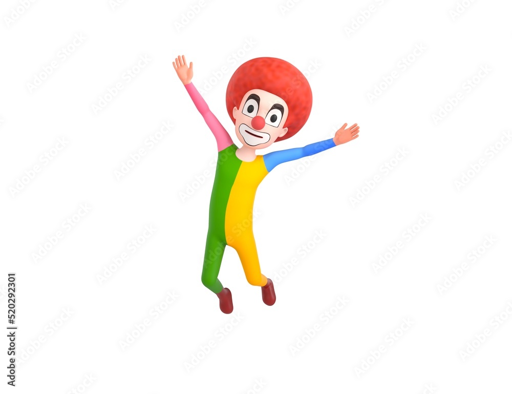 Clown character jumping in the air in 3d rendering.
