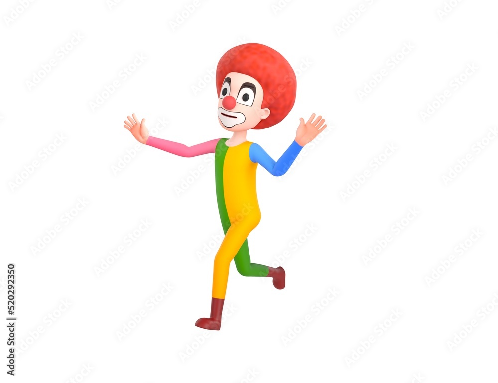 Clown character running away in 3d rendering. Clown character running away in 3d rendering.