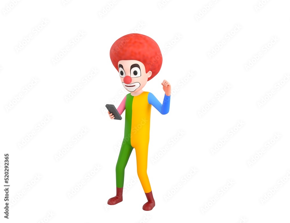 Clown character looking his phone and doing winner gesture with fists up in 3d rendering. Clown character looking his phone and doing winner gesture with fists up in 3d rendering.