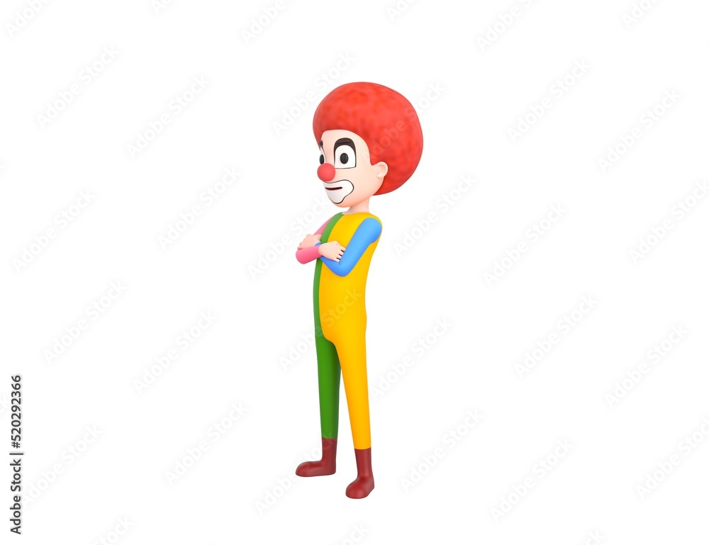 Clown character smiling with arms crossed look to the side in 3d rendering. Clown character smiling with arms crossed look to the side in 3d rendering.
